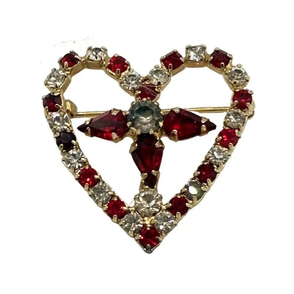 Vintage Rhinestone Heart Brooch Red Clear Open Design Center Cross Pin